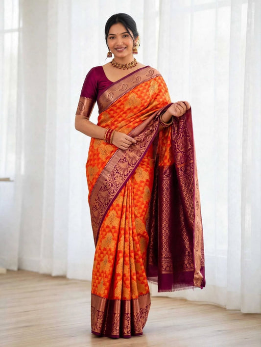 Front view of red-orange Kanjeevaram soft silk saree draped with magenta pallu