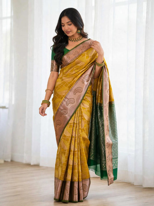 Woman wearing mustard yellow soft silk saree with emerald green blouse and pallu