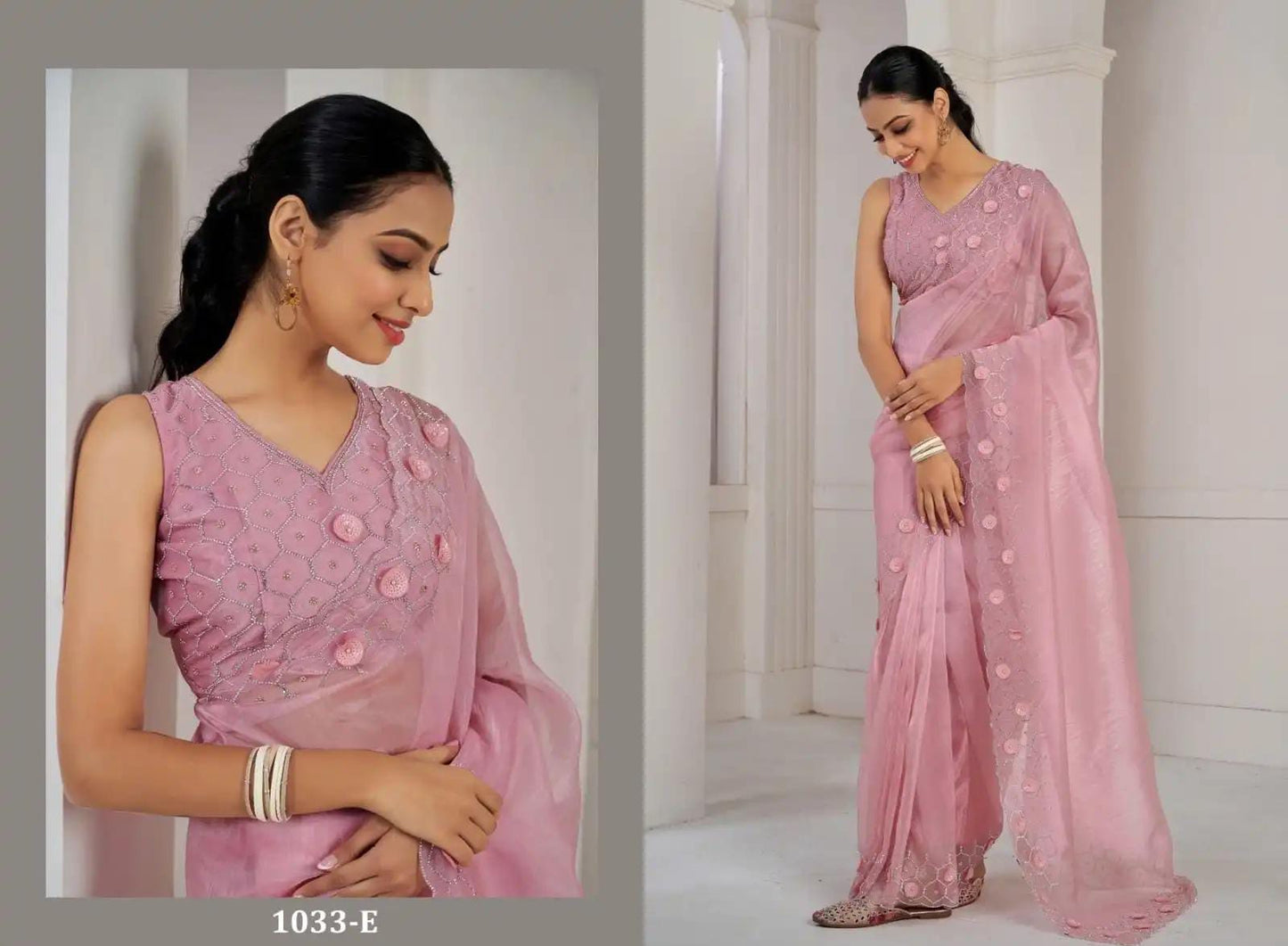 Intricate embroidered Oraganza Saree
