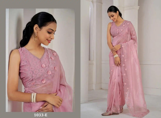 Intricate embroidered Oraganza Saree