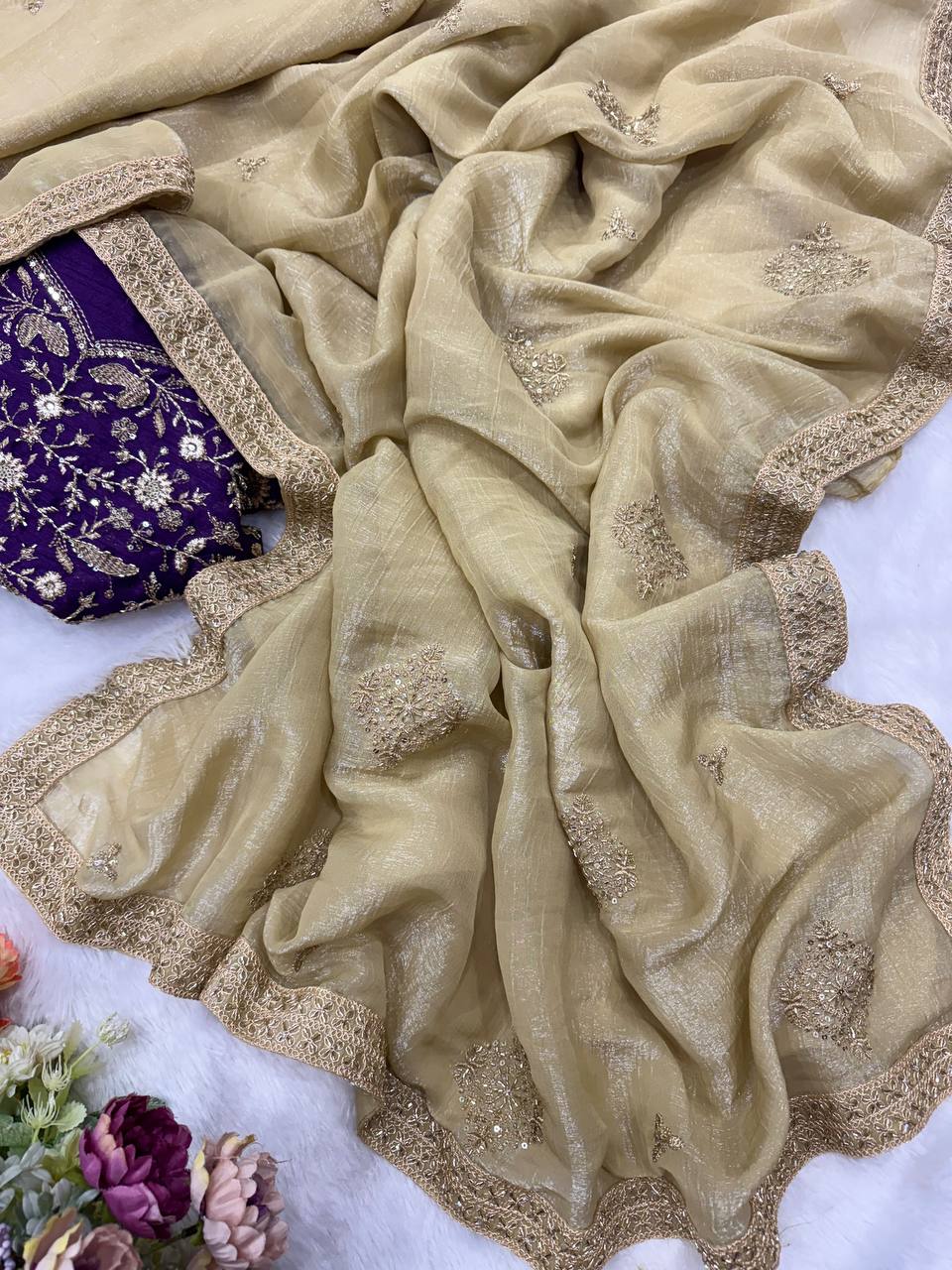 Soft Crunchy Silk Bead Sequins And Embroidery Work Saree