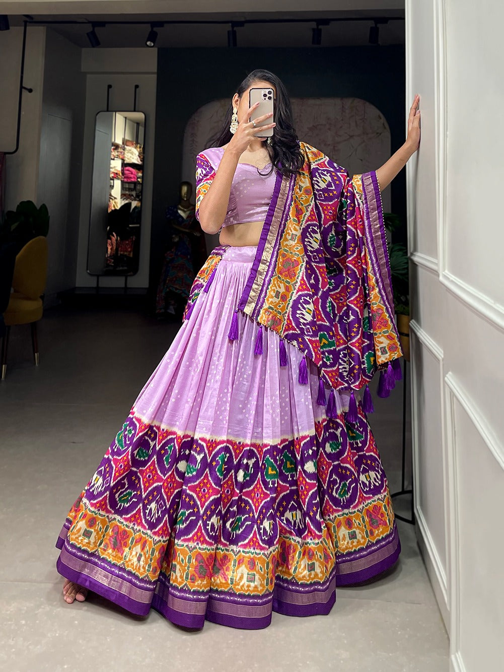 Sheer Tussar Silk with Patola Print Lehenga