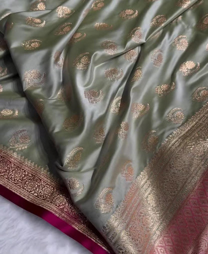 Green Katan Silk Saree with Zari Butta and Pink Border