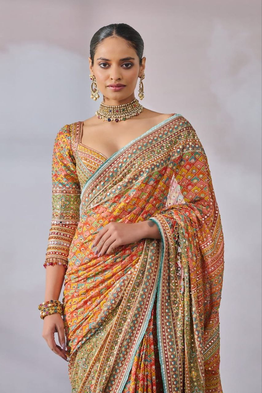 Chinon silk saree with mirror work - front view, Abriha Trends