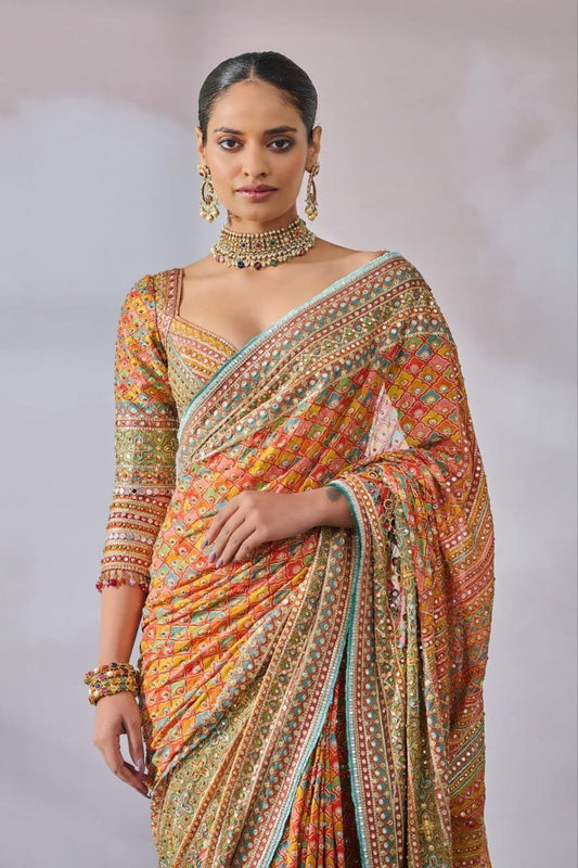 Beautiful Chinnon silk Mirrorwork Saree