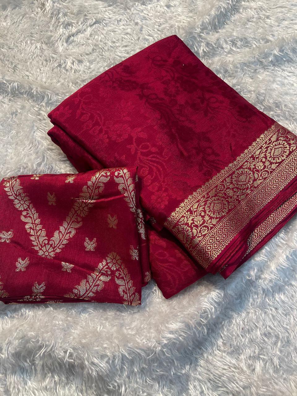 Viscose Chinon Weaving Pattern Saree With Dola Banarasi Silk Blouse