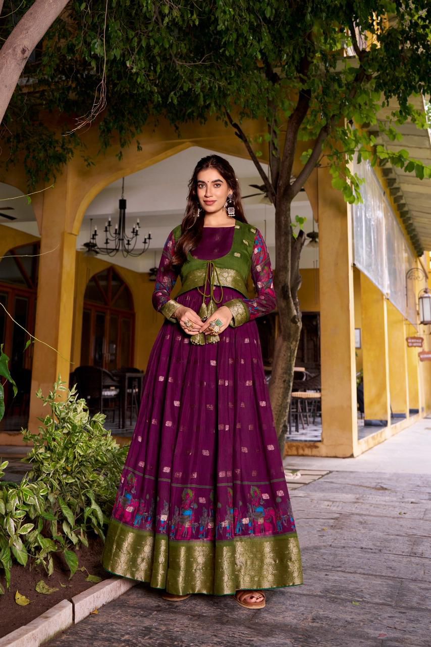 Beautiful Printed koti Over a Flared Chanderi-Style Gown