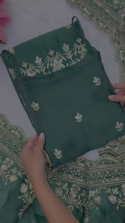 Bottle Green Silk Co-ord Suit Set with Sequence Embroidery