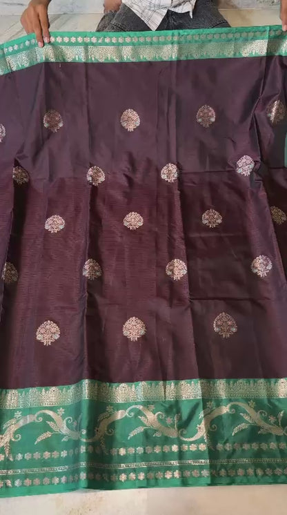 Wine Banarasi Katan Silk Saree with Zari Meenakari Boota Weave